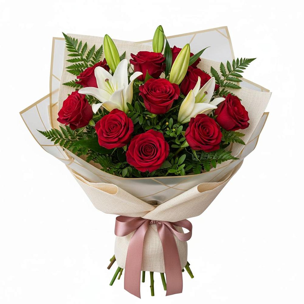 Букет цветов из: Лилии и Розы в Великовечное