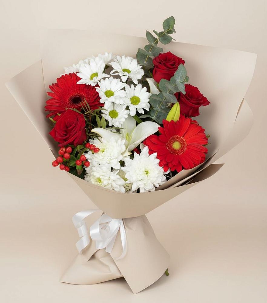 Букет цветов из: Розы, Хризантемы, Герберы и Лилии в Великовечное